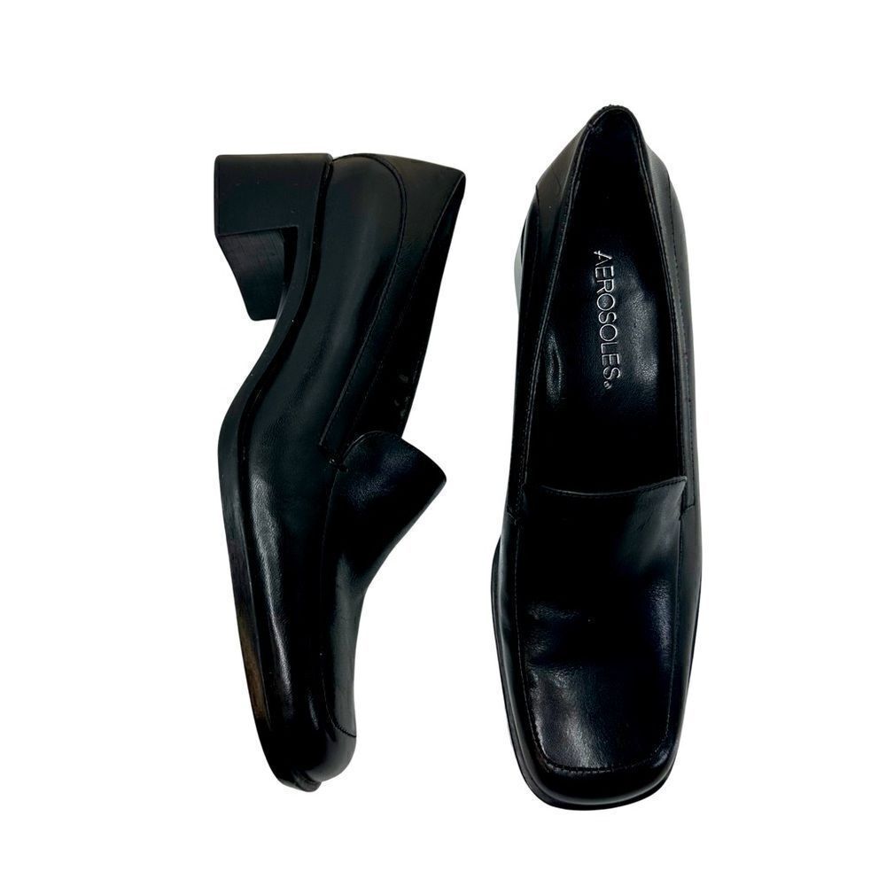 AEROSOLES Black Leather Square-Toe Low Heel Loafers